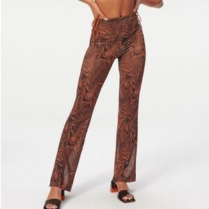 GOOD AMERICAN‎ Swirl Print Flare Pants Brown Black Sz 2 Mesh Pull On